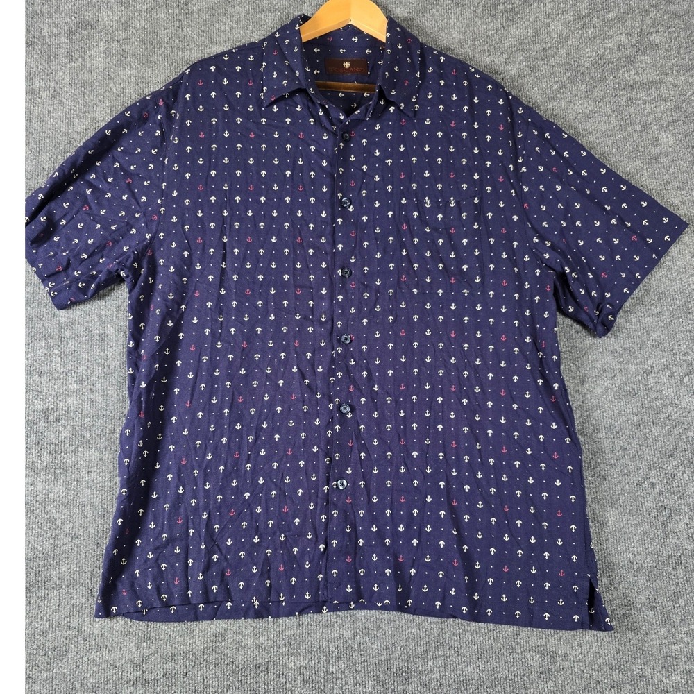 Toscano Silk/Rayon Mens Navy Anchor Print Short Sleeve Button Down‎ Shirt Sz L